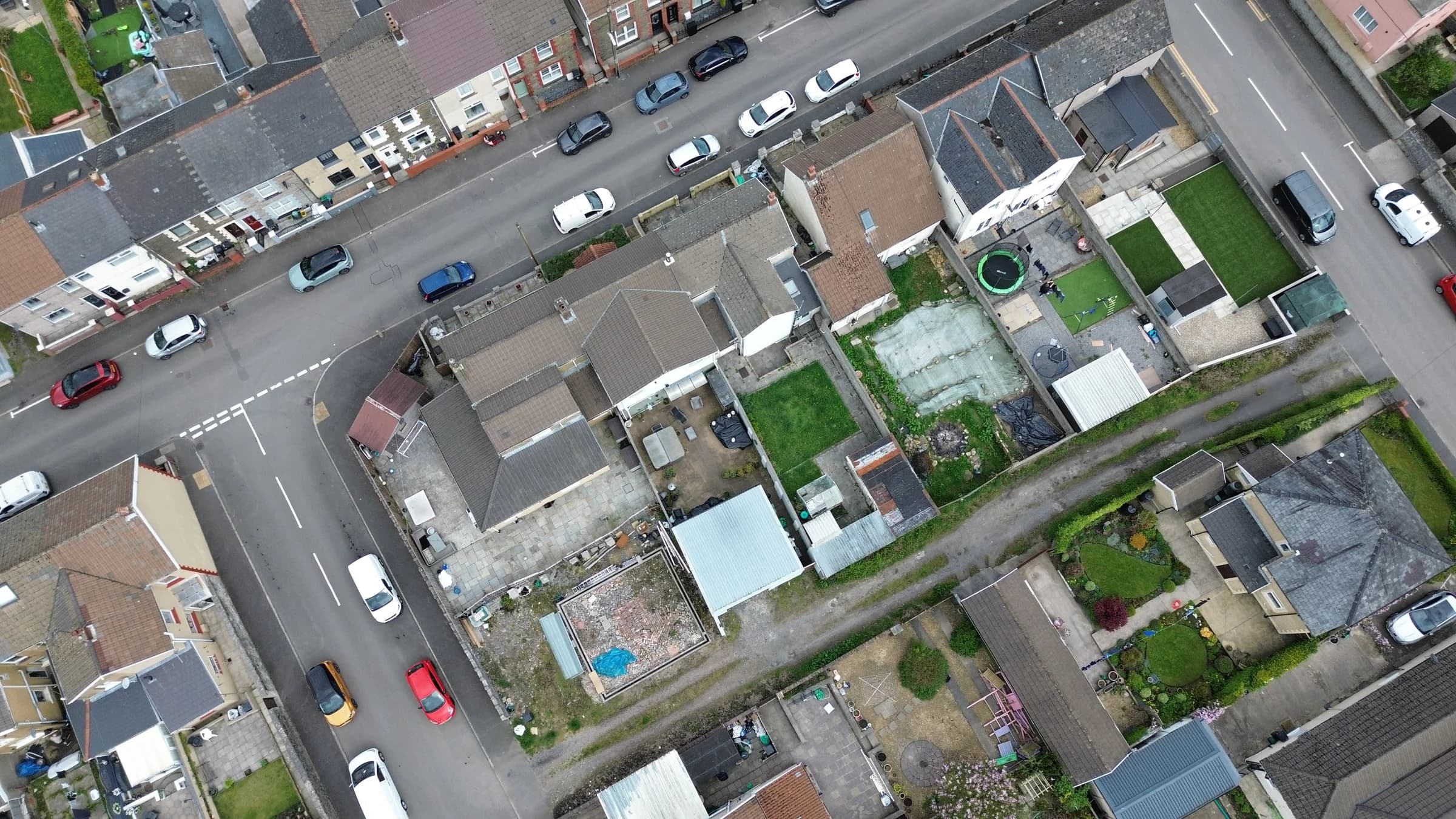 Overhead aerial roof survey of terraced housing in Neath